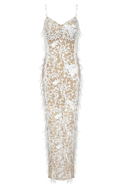 Feather Trim Floral Lace Sequin Mesh Sweetheart Spaghetti Strap Side Slit Maxi Gown