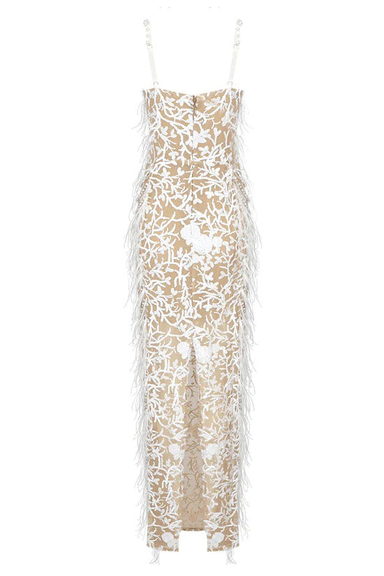 Feather Trim Floral Lace Sequin Mesh Sweetheart Spaghetti Strap Side Slit Maxi Gown
