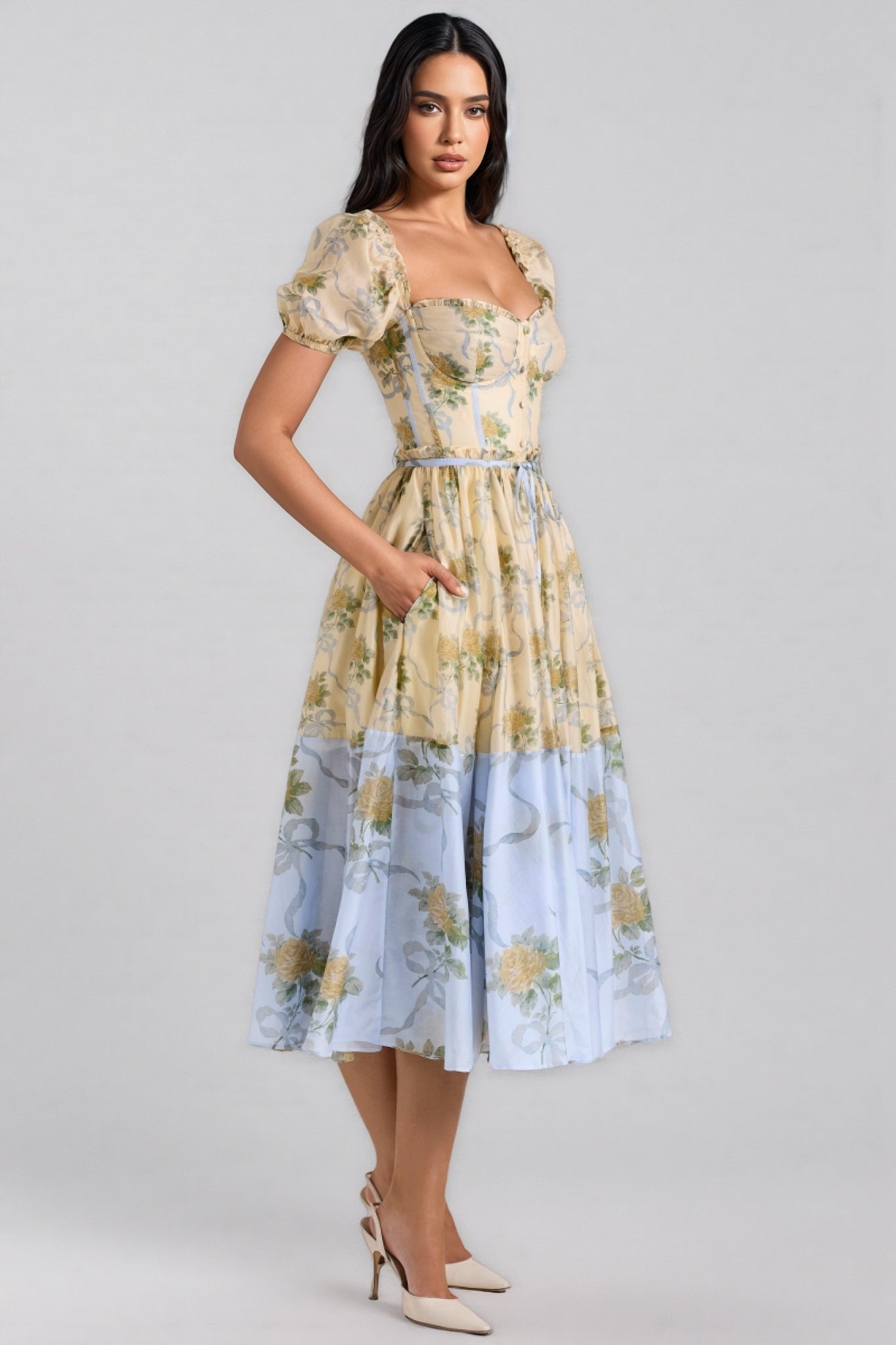 Elowen Yellow Vintage Rose Chiffon Midi Dress
