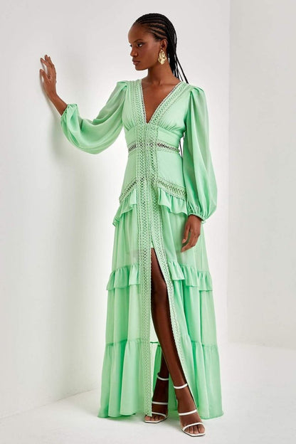 Penny Embroidered Lace Ruffle Maxi Dress