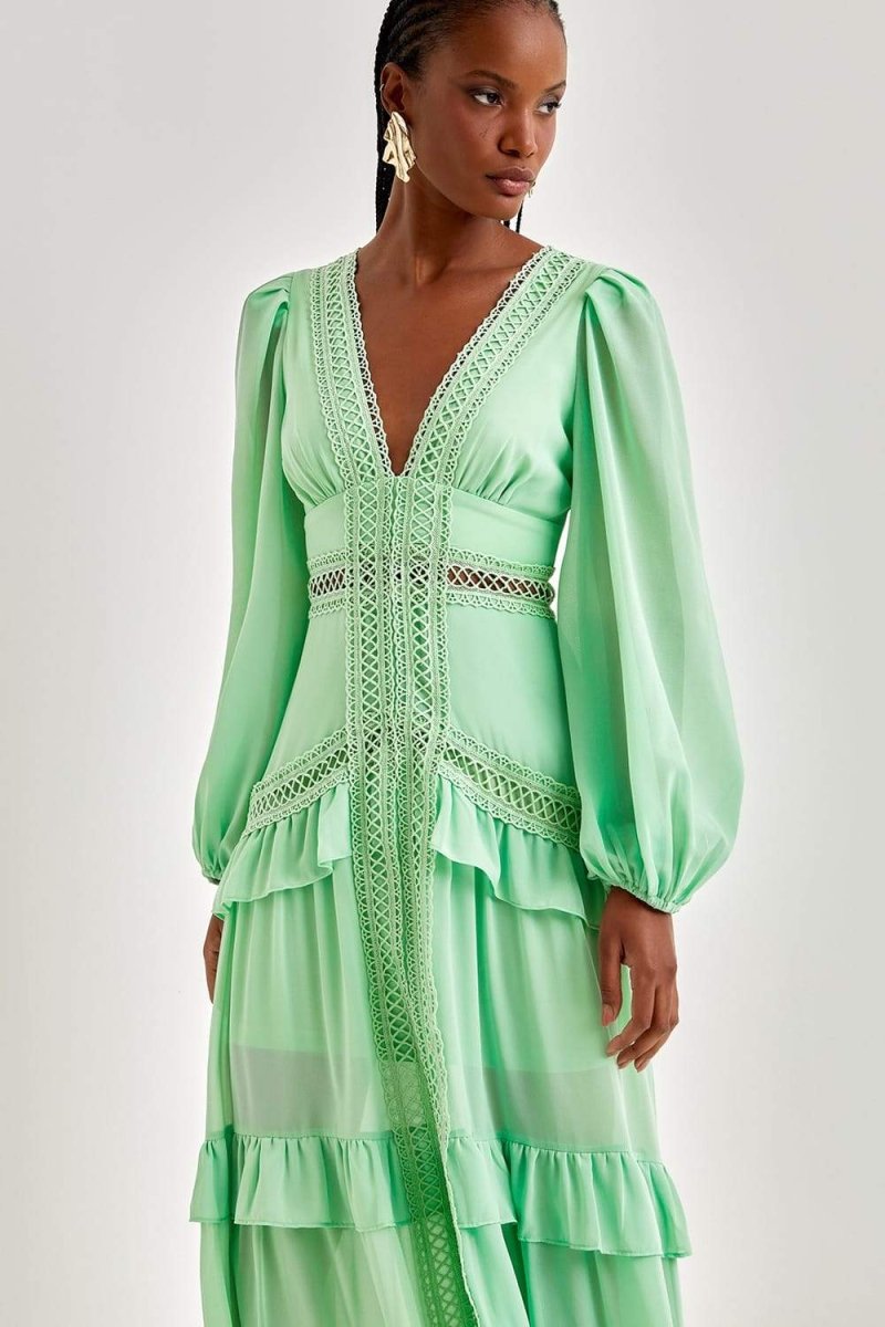 Penny Embroidered Lace Ruffle Maxi Dress