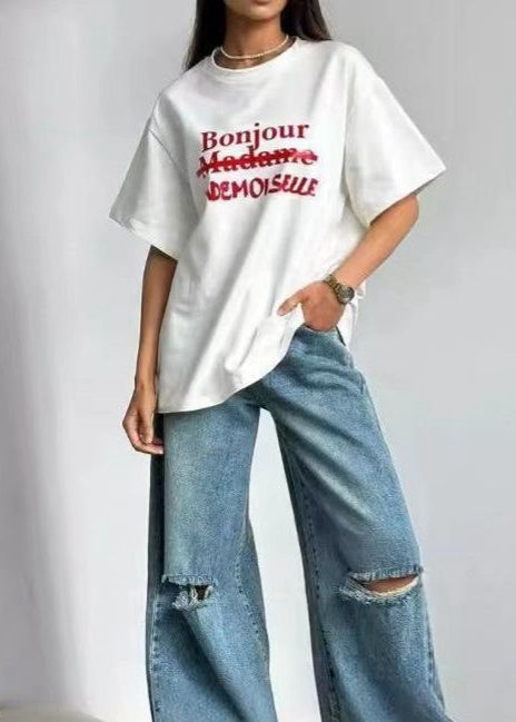 Bonjour Mademoiselle Tee – Oversized White Graphic T-Shirt with French Text