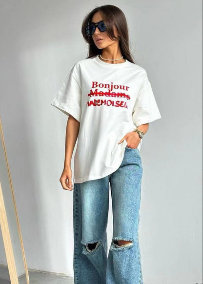 Bonjour Mademoiselle Tee – Oversized White Graphic T-Shirt with French Text