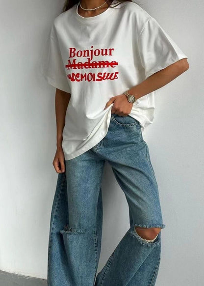 Bonjour Mademoiselle Tee – Oversized White Graphic T-Shirt with French Text