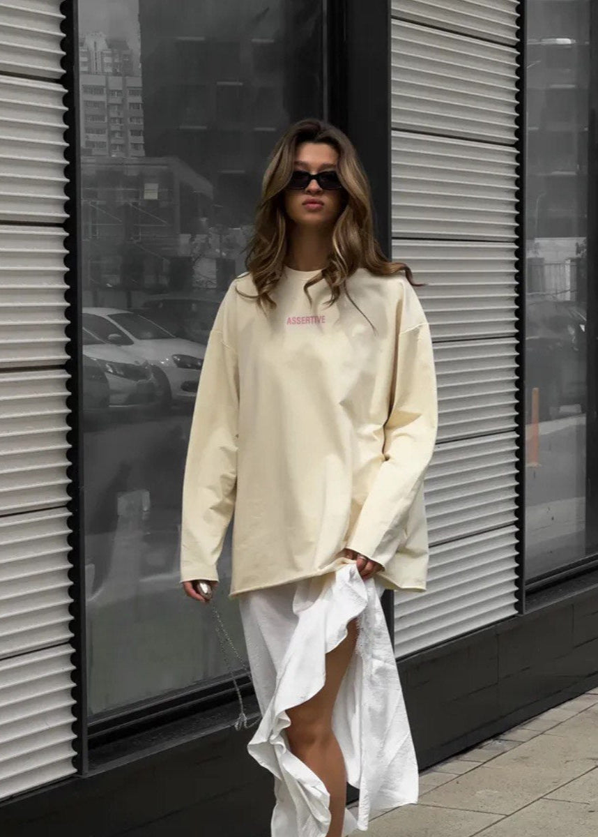 Assertive Energy - Cream Oversized Cotton Long Sleeve Tee