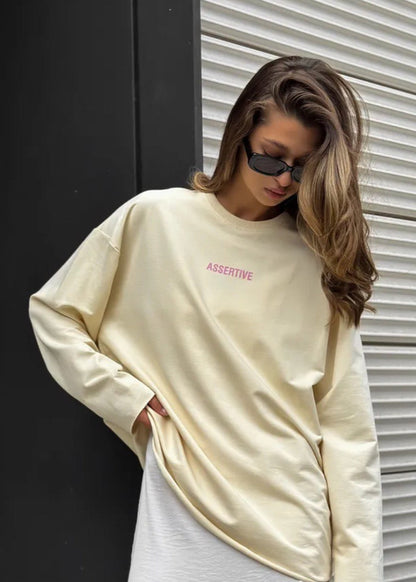 Assertive Energy - Cream Oversized Cotton Long Sleeve Tee