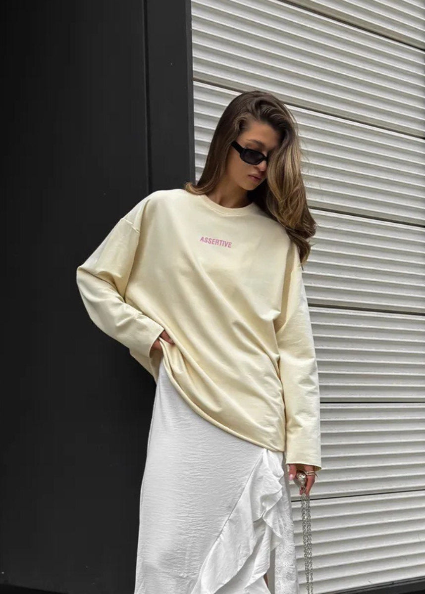 Assertive Energy - Cream Oversized Cotton Long Sleeve Tee