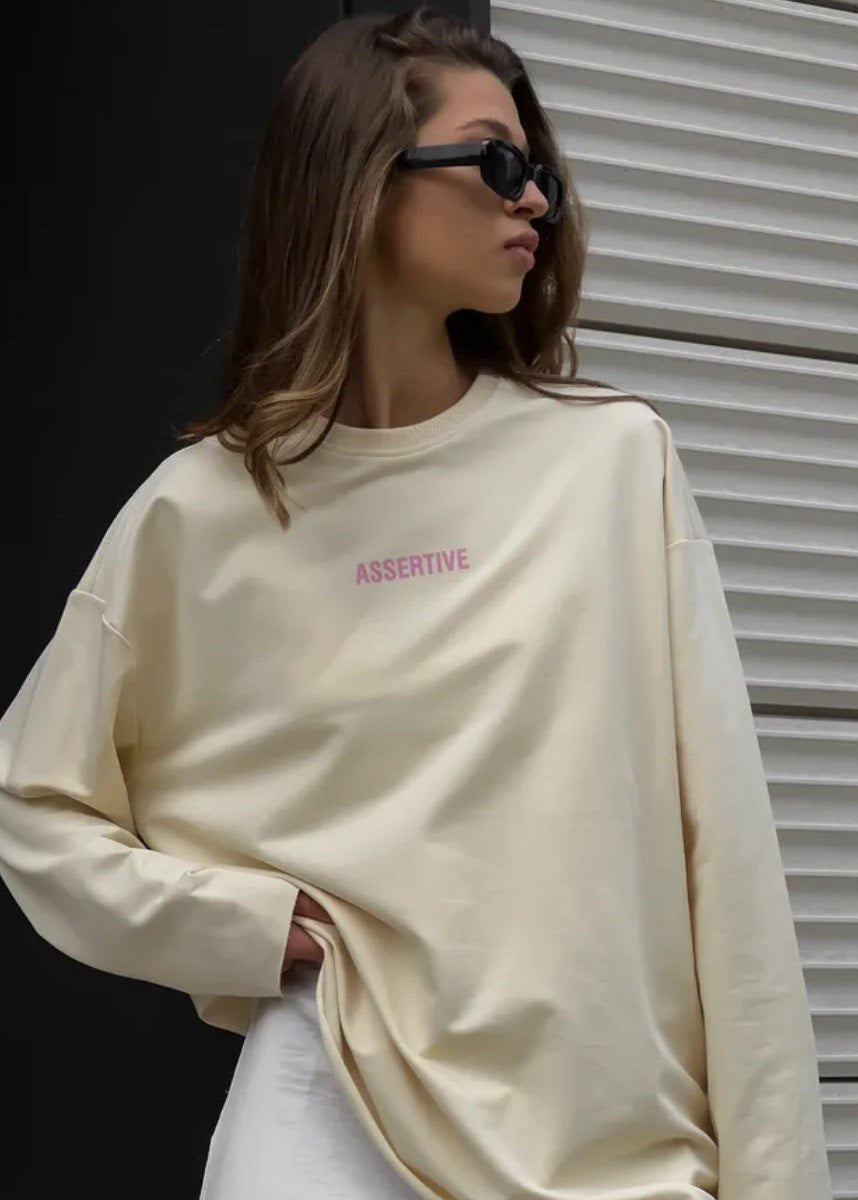 Assertive Energy - Cream Oversized Cotton Long Sleeve Tee