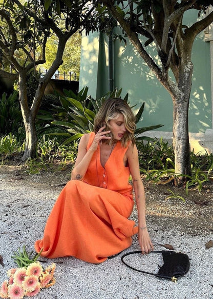 Solara - Sleeveless Linen Vest & Maxi Skirt Set