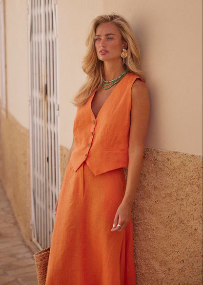 Solara - Sleeveless Linen Vest & Maxi Skirt Set