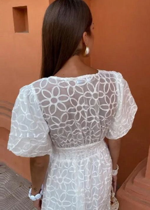 Fleur Embroidered Puff Sleeve Maxi Dress