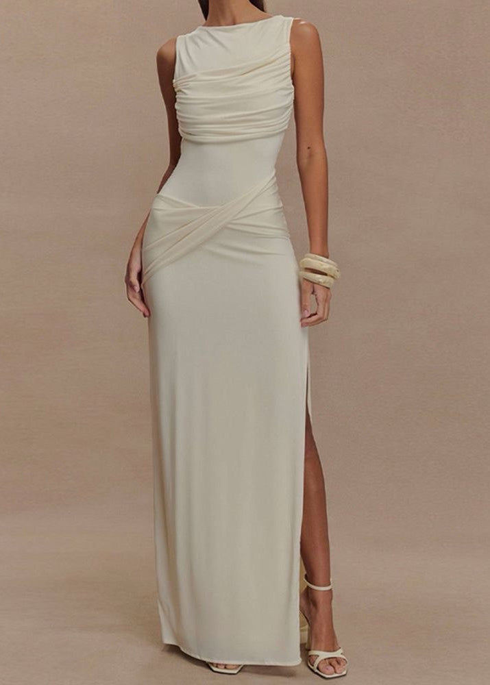 Champagne Drape Back Gown – Sleeveless Maxi with Open Back