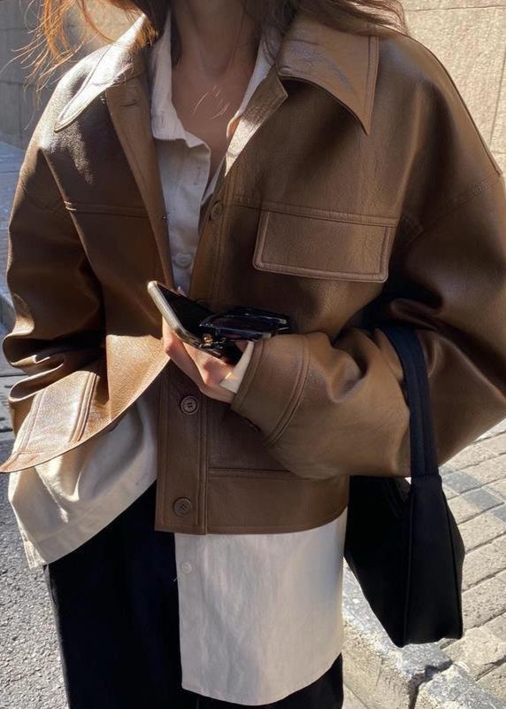 Caramel Ridge – Faux Leather Cropped Jacket