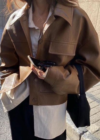 Caramel Ridge – Faux Leather Cropped Jacket