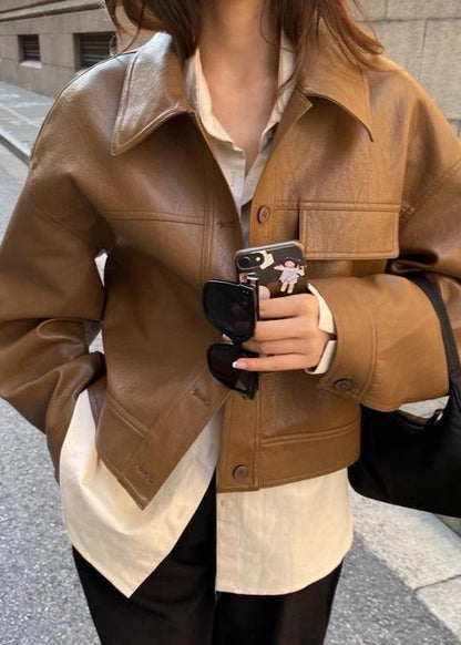 Caramel Ridge – Faux Leather Cropped Jacket