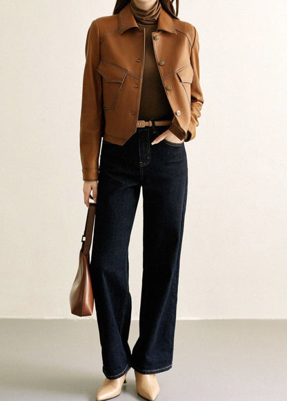 Sienna Faux Leather Jacket – Cropped Button-Up in Caramel Brown