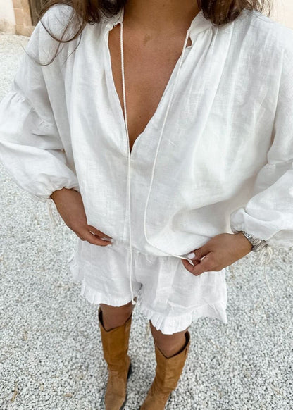 Isla Cotton Lounge Set – White Long Sleeve Top & Ruffled Shorts