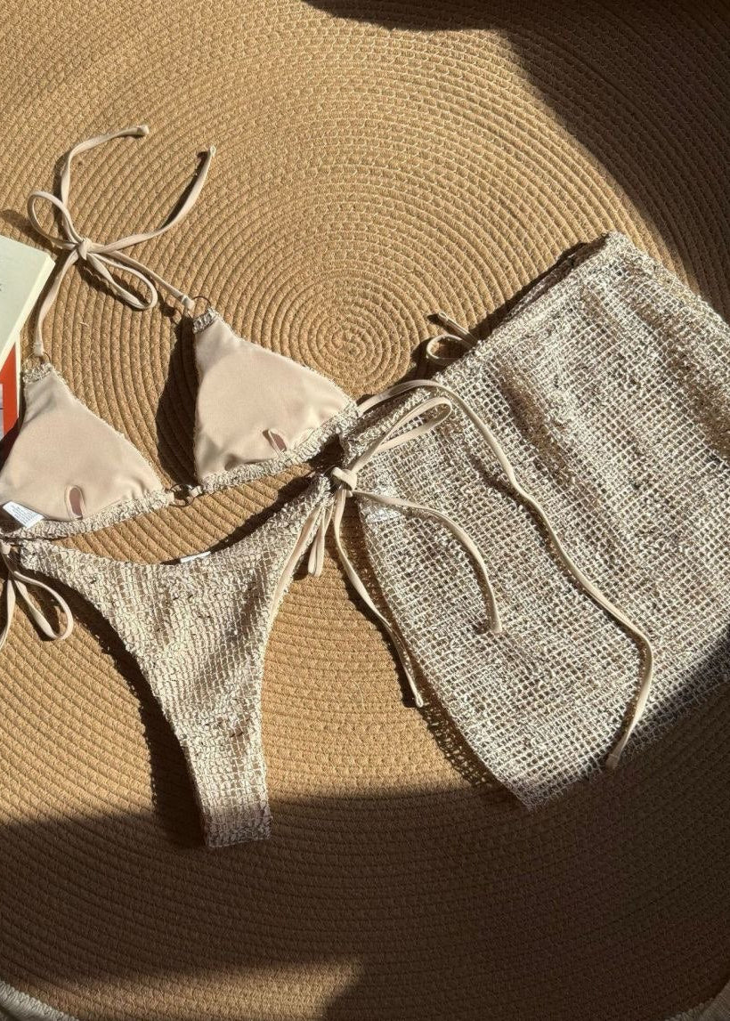 Aurelia - 3-Piece Textured Bikini Set with Skirt Cover-Up