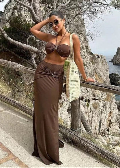 Isla - Three-Piece Bronze Halter Bikini & Skirt Set