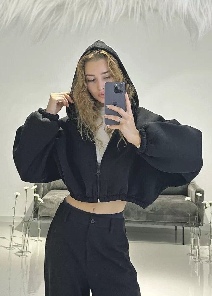 BubbleZip Cropped Hoodie with Balloon Sleeves