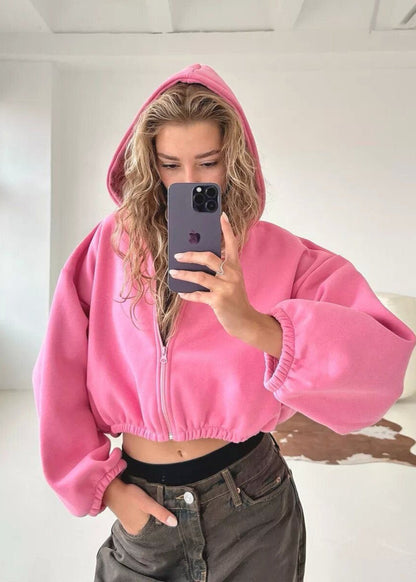 BubbleZip Cropped Hoodie with Balloon Sleeves