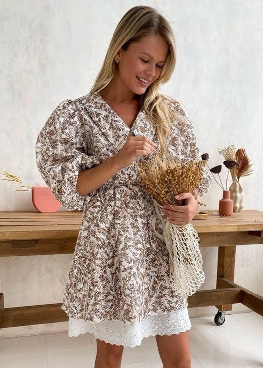 Willow Fern Dress – Puff Sleeve A-Line with Embroidered Hem