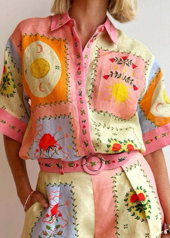 Carmela - Embroidered Linen Shirt and Shorts Set