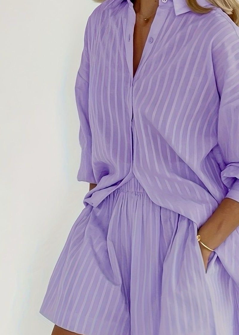 Lilac Drift - Striped Cotton Shirt and Shorts Set
