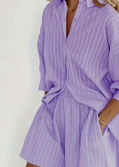Lilac Drift - Striped Cotton Shirt and Shorts Set