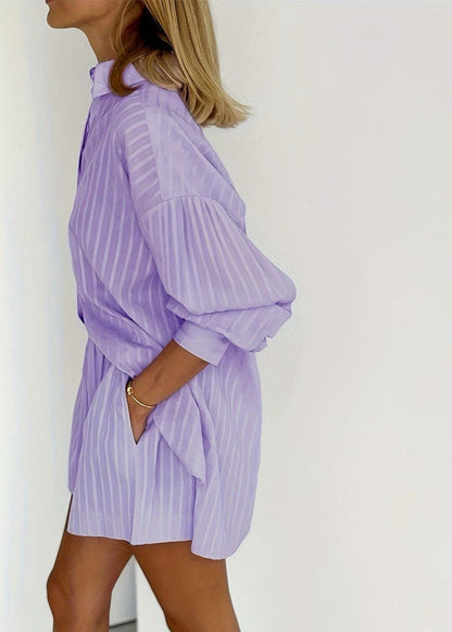 Lilac Drift - Striped Cotton Shirt and Shorts Set
