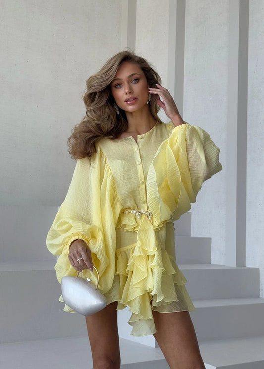 Solara Tiered Mini Dress – Sheer Ruffle Long Sleeve Look