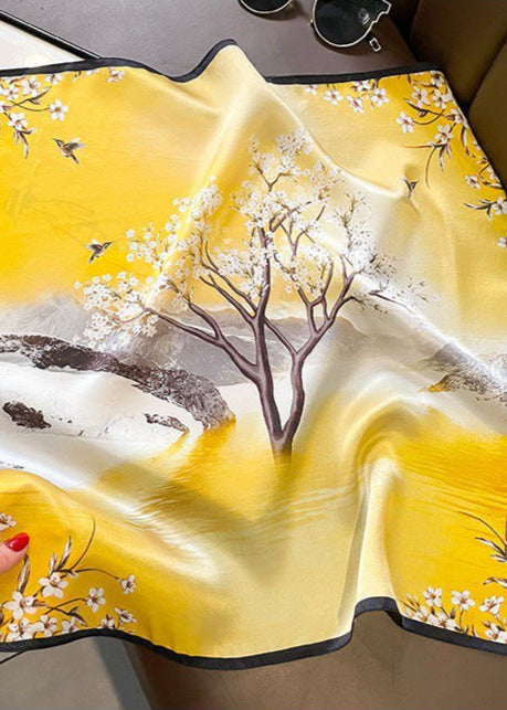 Aurielle Scenic Floral Silk Scarf – Yellow Square 70×70cm