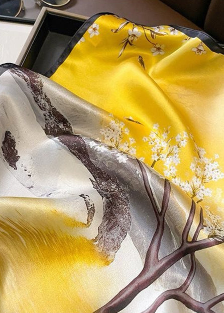 Aurielle Scenic Floral Silk Scarf – Yellow Square 70×70cm
