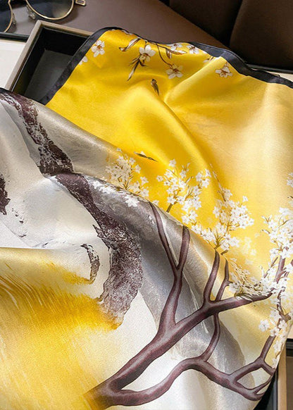Aurielle Scenic Floral Silk Scarf – Yellow Square 70×70cm