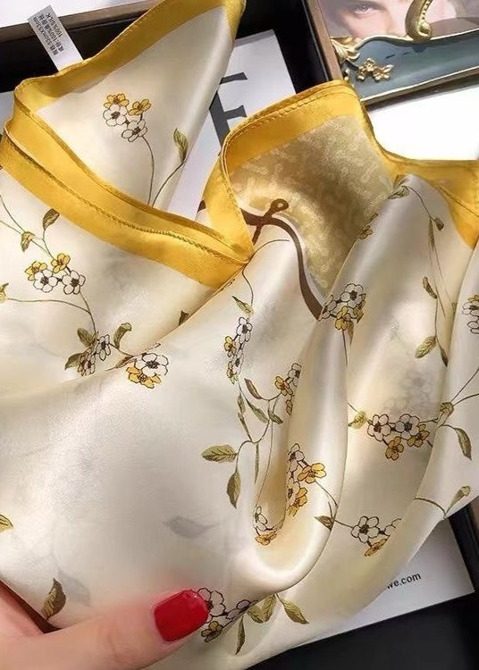 Golden Petal - Satin Square Scarf with Yellow Floral Border