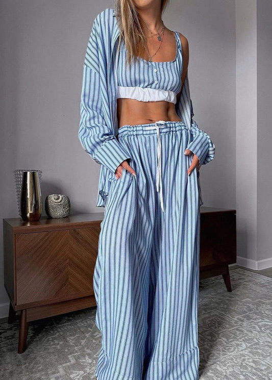 Skyline Stripe 3-Piece Lounge Set – Oversized Shirt, Crop Top & Wide-Leg Pants