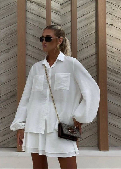 Alba Cotton Blend Set – Tie-Front Shirt & Flowy Shorts in White