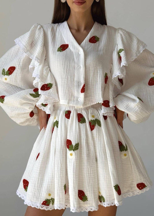 Lottie Strawberry Set – Ruffled Top & Skater Skirt in Gauze Cotton
