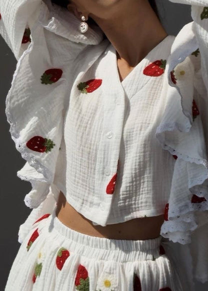 Lottie Strawberry Set – Ruffled Top & Skater Skirt in Gauze Cotton