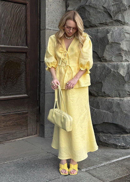 Solara - Puff Sleeve Cotton Set with Tie Waist and Maxi Skirt