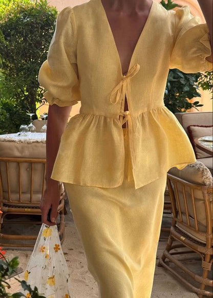Solara - Puff Sleeve Cotton Set with Tie Waist and Maxi Skirt