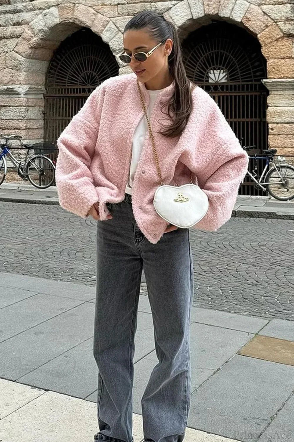 Pink Casual Stand Collar Fleece Jacket