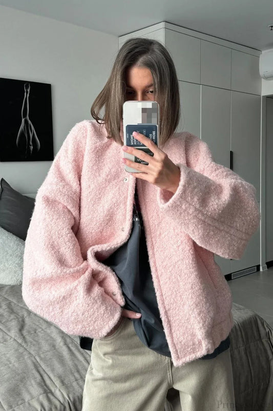 Pink Casual Stand Collar Fleece Jacket