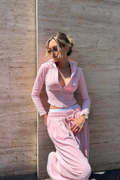 Pink Fitted Hooded Cuffed Ankle Pants Solid Two Piece Set