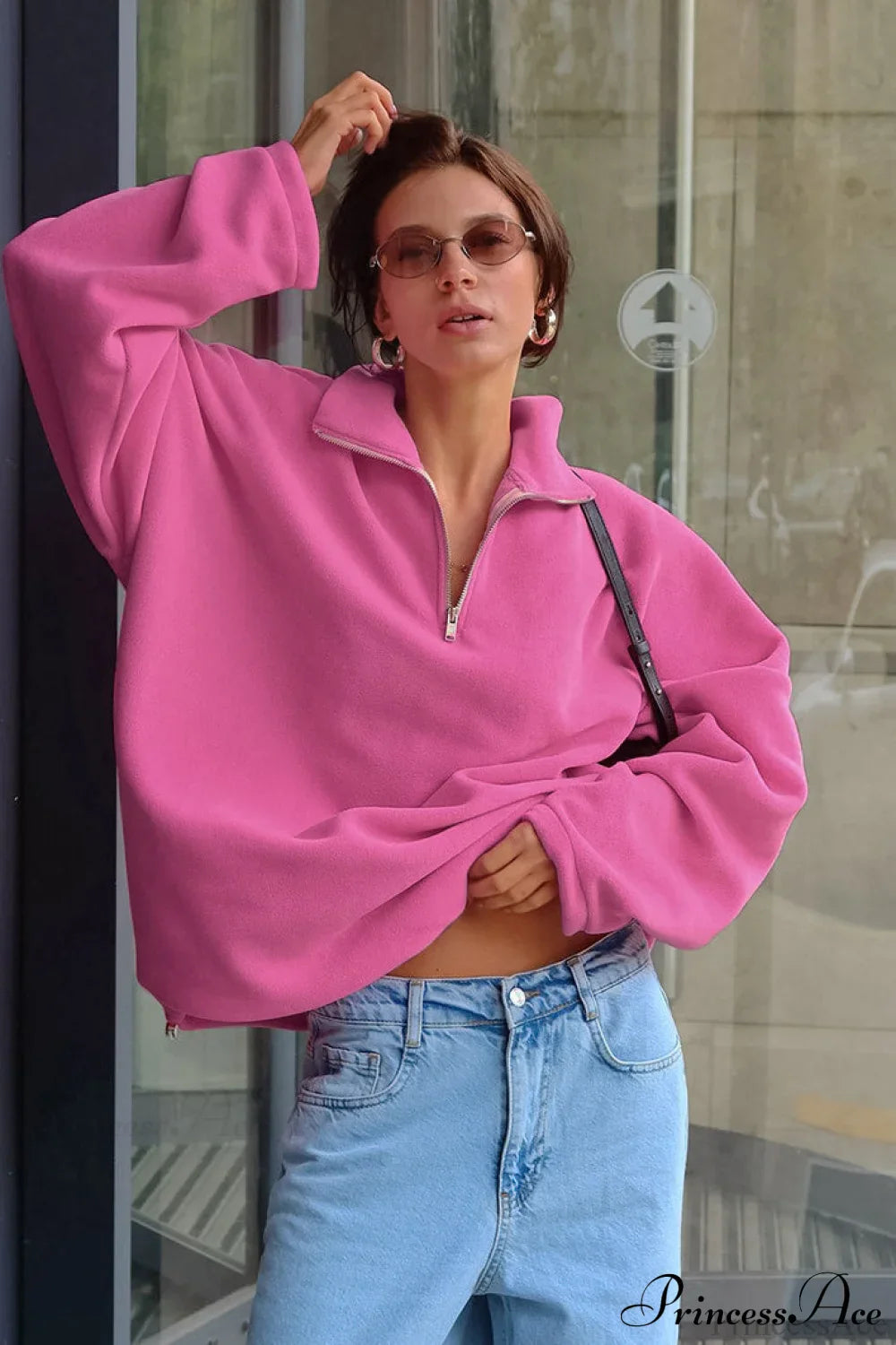 Pink Polar Fleece Loose Thickened Sweatshirt