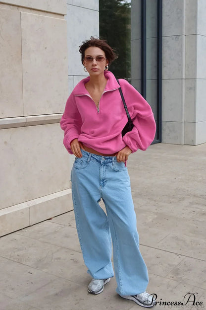 Pink Polar Fleece Loose Thickened Sweatshirt