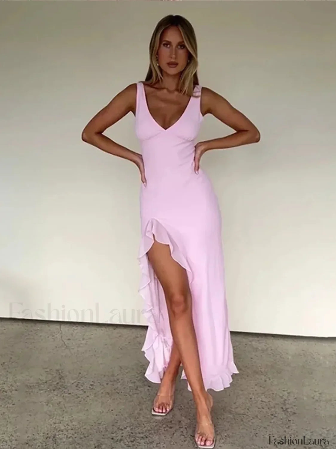 Pink Strappy Slit Midi Dress