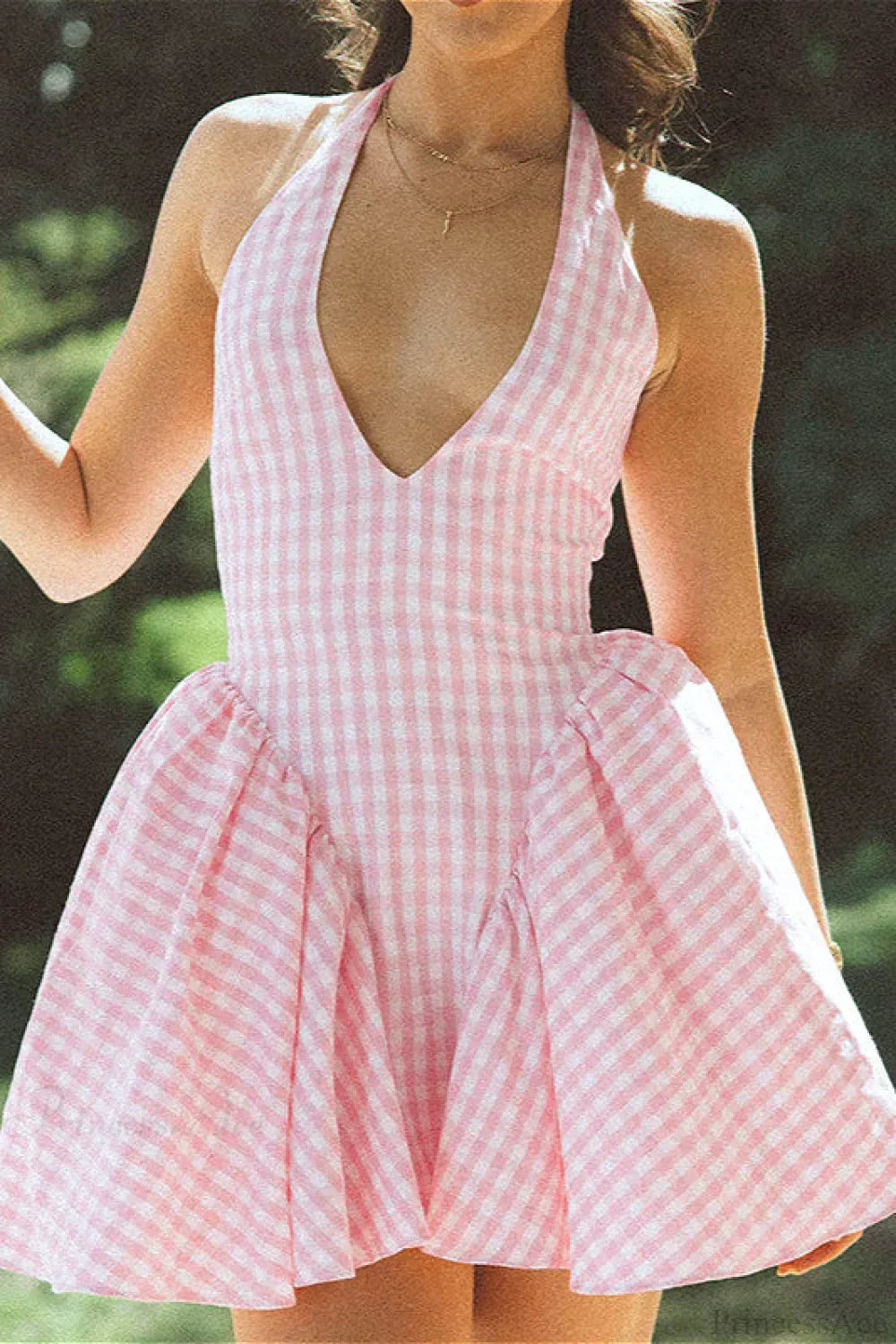 Gingham Plaid Halter Deep V-Neck Bubble Hem Mini Dress