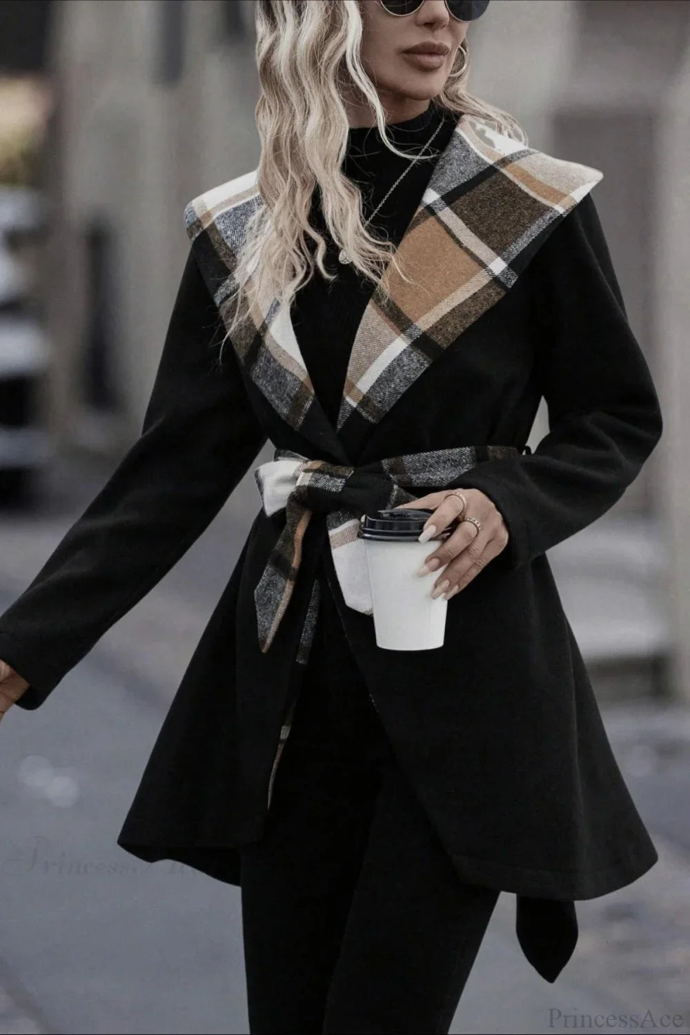 Plaid Color Block Tie Waist Wool Blend Coat