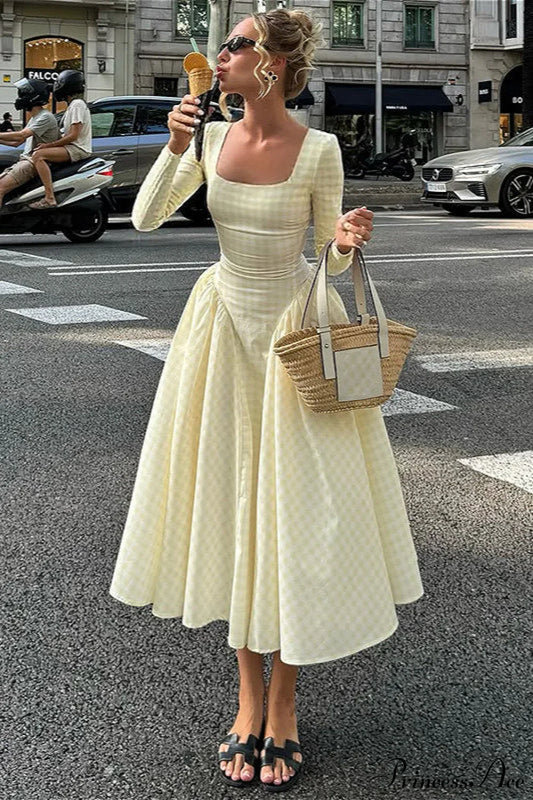 Plaid Flare Sleeve Waist Fitted Square Neck Maxi Dress